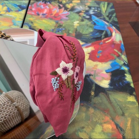 Pink Bow Headband with Floral Embroidery - Picture 4 of 7